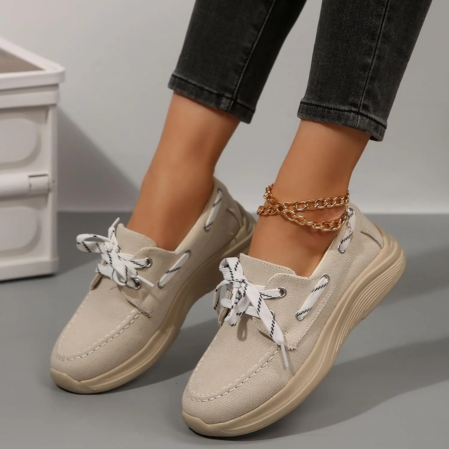 2025 Women's Canvas Slip On Shoes Lace Up Sneakers Slip On Low Top Arch Support Walking Loafers Orthopedic Non Slip Closed Toe Running Casual Boat Shoes Soft Tennis Shoe for Daily Wear