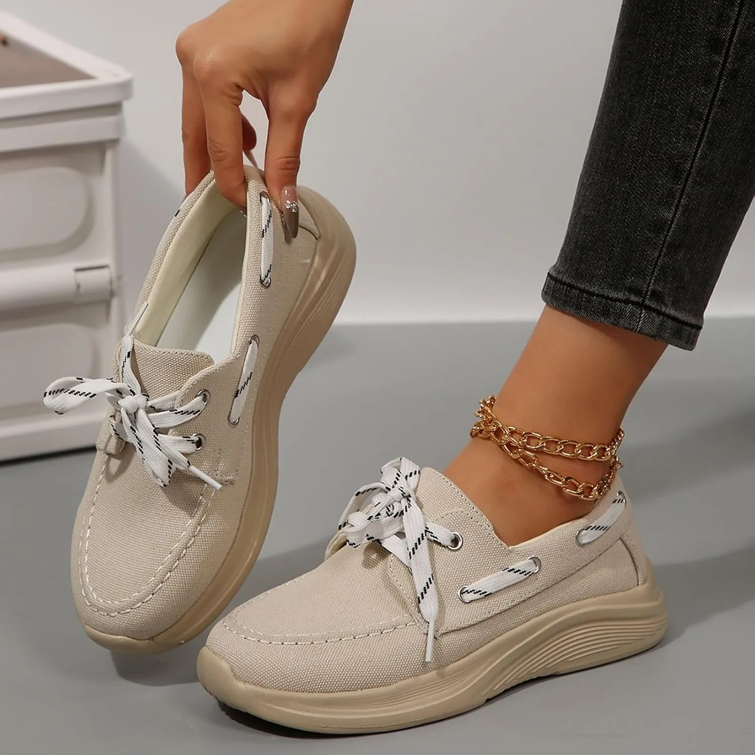 2025 Women's Canvas Slip On Shoes Lace Up Sneakers Slip On Low Top Arch Support Walking Loafers Orthopedic Non Slip Closed Toe Running Casual Boat Shoes Soft Tennis Shoe for Daily Wear