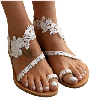 Beach Sandals for Women Beach 2022 New Womens Bohemia Flat Sandals Summer Beach Lace Beaded Flip Flop Thong Shoes