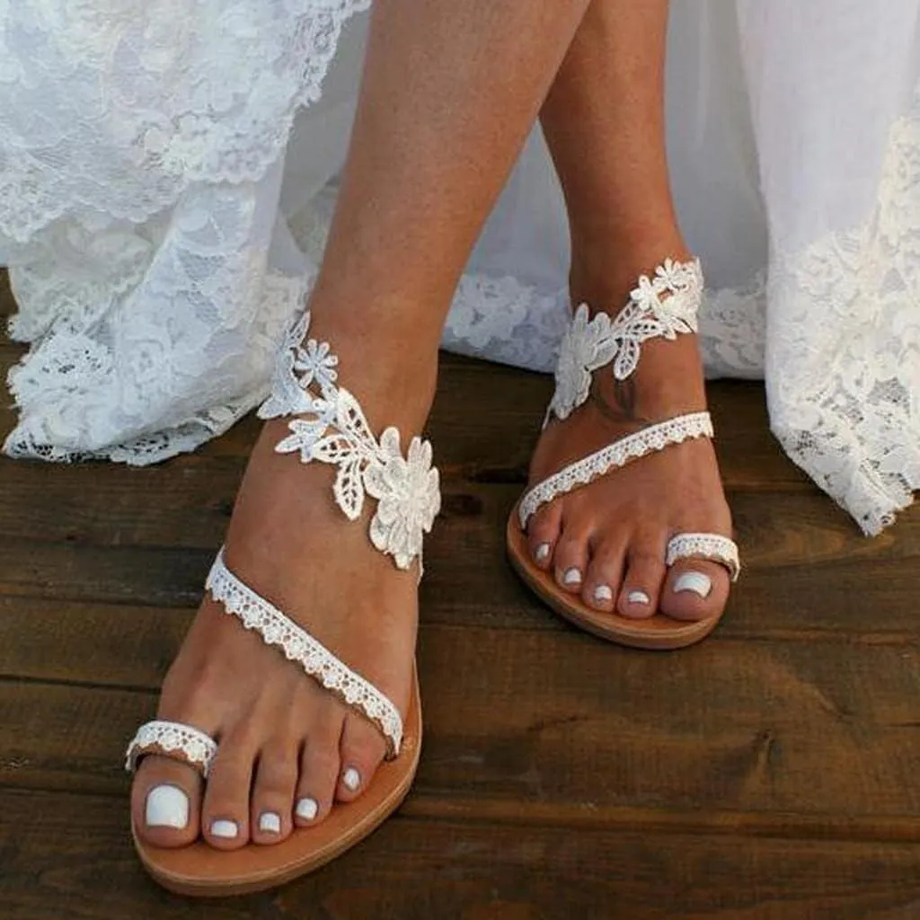 Beach Sandals for Women Beach 2022 New Womens Bohemia Flat Sandals Summer Beach Lace Beaded Flip Flop Thong Shoes