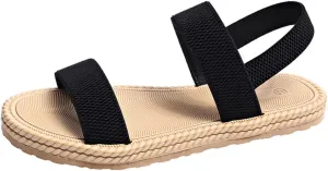 Black Dress Sandals for Women Low Heel Flat Sandal Elastic Ankle Strap Shoe Dressy with Adjustable Shoes