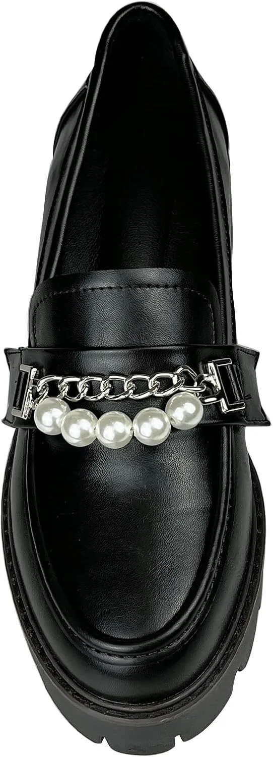 Black Loafers Women Penny Slip ons Comfortable Dressy Leather Lug Sole Loafer Shoes Work Replaceable Chains
