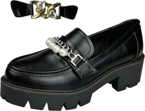 Black Loafers Women Penny Slip ons Comfortable Dressy Leather Lug Sole Loafer Shoes Work Replaceable Chains