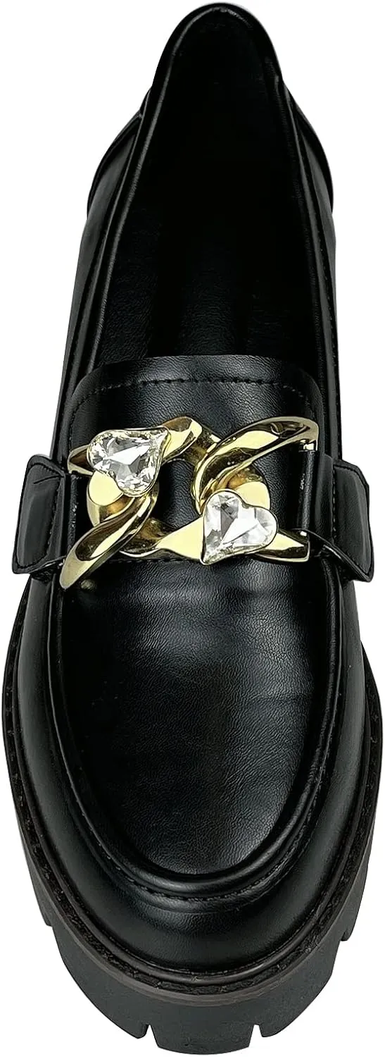 Black Loafers Women Penny Slip ons Comfortable Dressy Leather Lug Sole Loafer Shoes Work Replaceable Chains