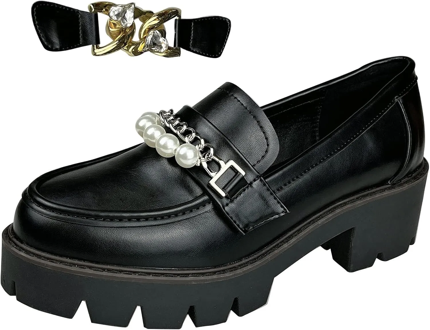 Black Loafers Women Penny Slip ons Comfortable Dressy Leather Lug Sole Loafer Shoes Work Replaceable Chains