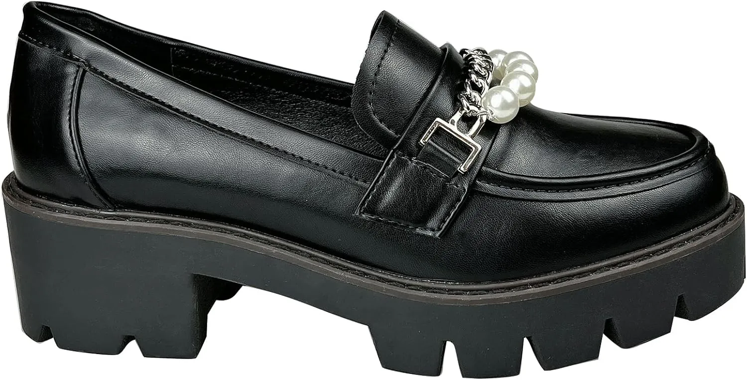 Black Loafers Women Penny Slip ons Comfortable Dressy Leather Lug Sole Loafer Shoes Work Replaceable Chains