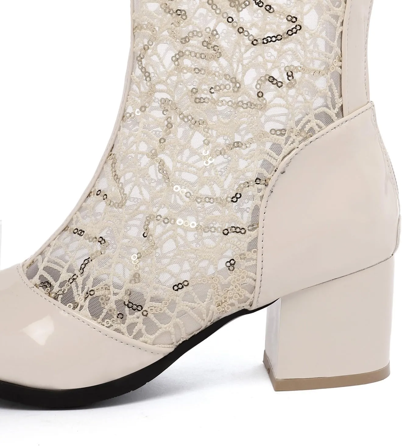 Boots for Women Round Toe Chunky Heel Lace Hollow Mid Calf Boots Trendy Breathable Womens Boots with Zipper