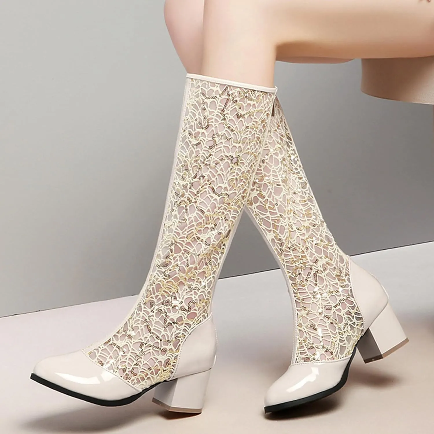 Boots for Women Round Toe Chunky Heel Lace Hollow Mid Calf Boots Trendy Breathable Womens Boots with Zipper