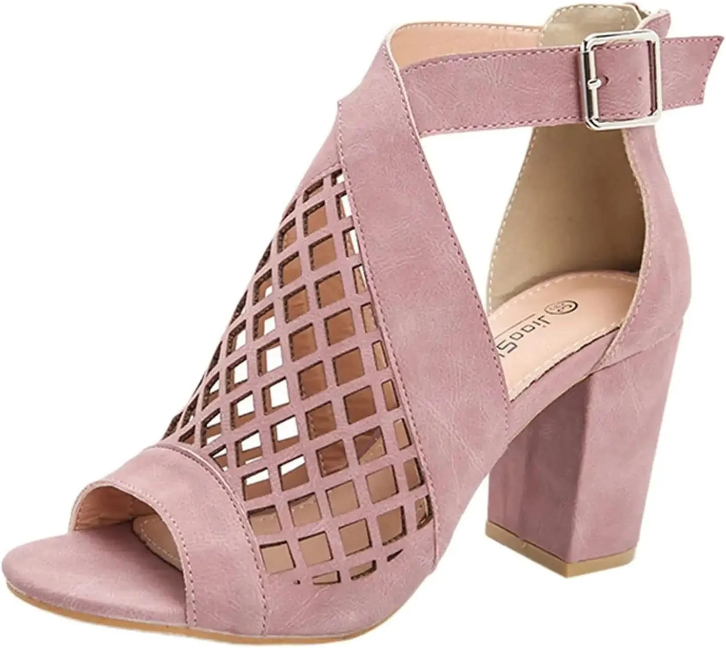 BORAMAX Chunky Heeled Sandals for Women Cutout Strappy Peep Toe Block Heels Buckle up Party Dressy Sandal Women Booties
