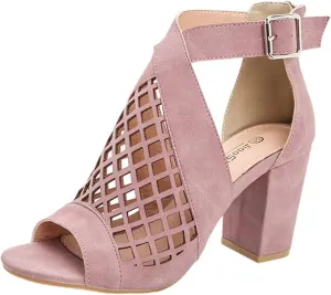 BORAMAX Chunky Heeled Sandals for Women Cutout Strappy Peep Toe Block Heels Buckle up Party Dressy Sandal Women Booties