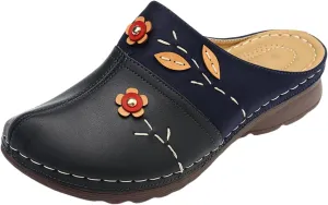 Canbebig Mules for Women Summer Leather Slippers Slip On Mule Clogs Flowers Wedge Sandals Antil Slip Beach Comfortable Sandals Summer Backless Shoes