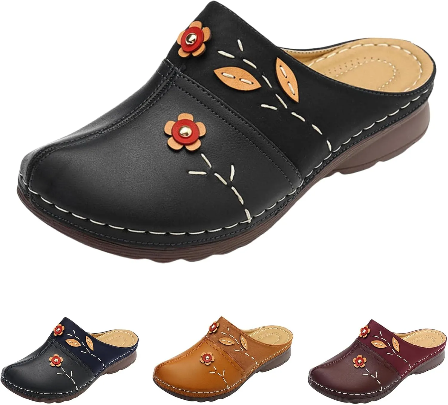 Canbebig Mules for Women Summer Leather Slippers Slip On Mule Clogs Flowers Wedge Sandals Antil Slip Beach Comfortable Sandals Summer Backless Shoes