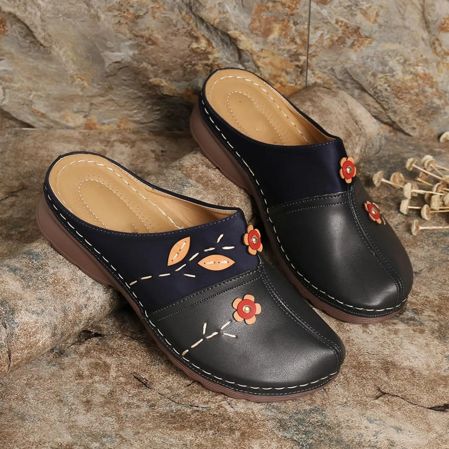 Canbebig Mules for Women Summer Leather Slippers Slip On Mule Clogs Flowers Wedge Sandals Antil Slip Beach Comfortable Sandals Summer Backless Shoes