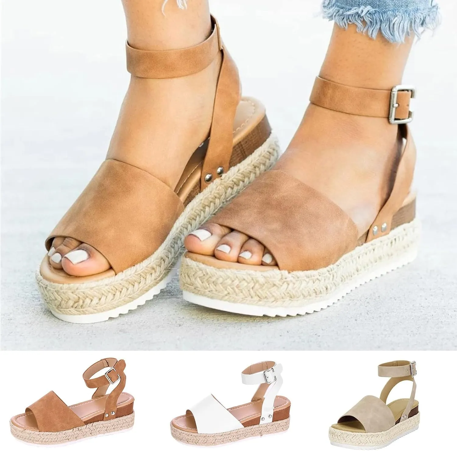 Eduavar Platform Sandals Women, Womens Sandals Elegant Buckle Ankle Strap Comfortable Espadrilles Platform Casual Sandals