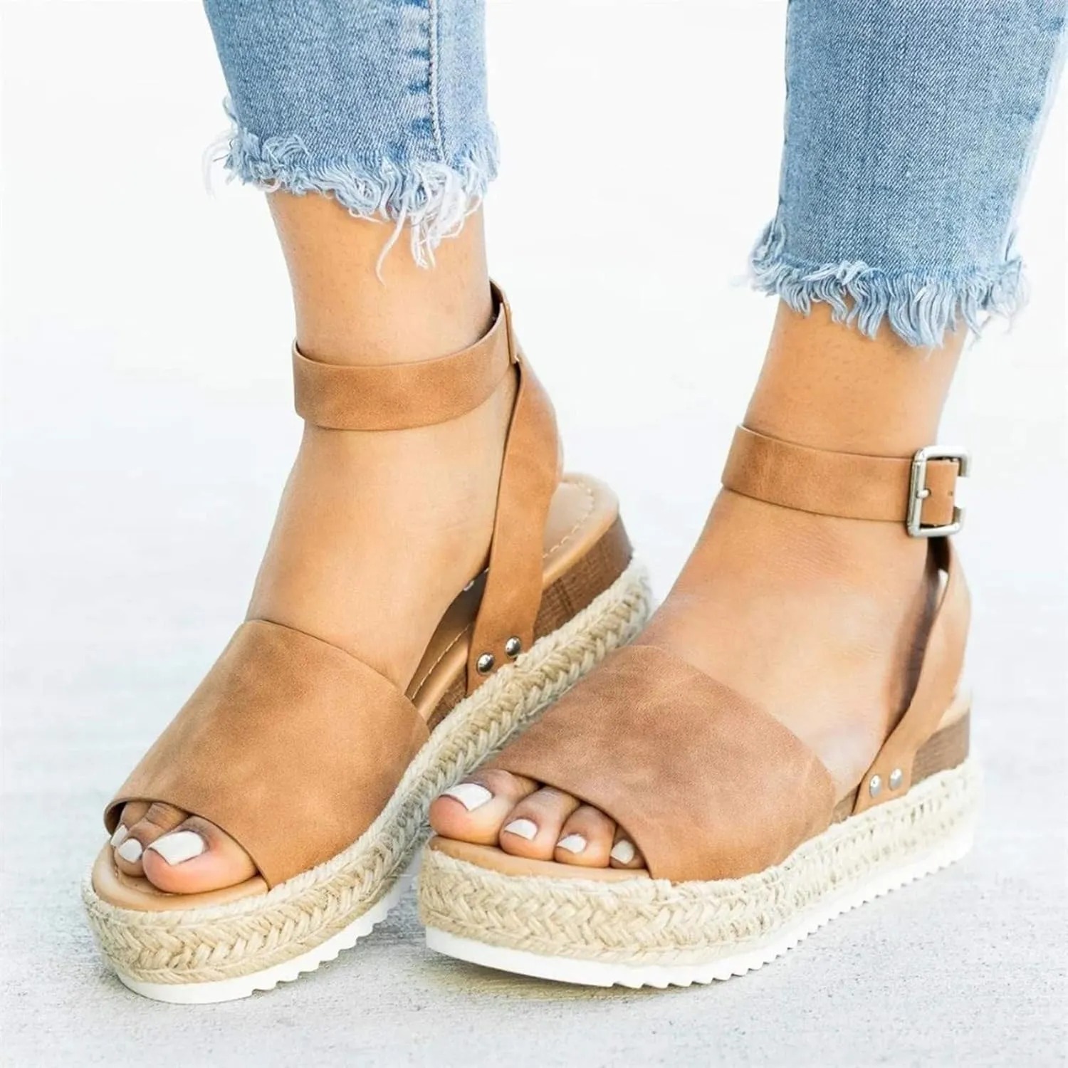 Eduavar Platform Sandals Women, Womens Sandals Elegant Buckle Ankle Strap Comfortable Espadrilles Platform Casual Sandals