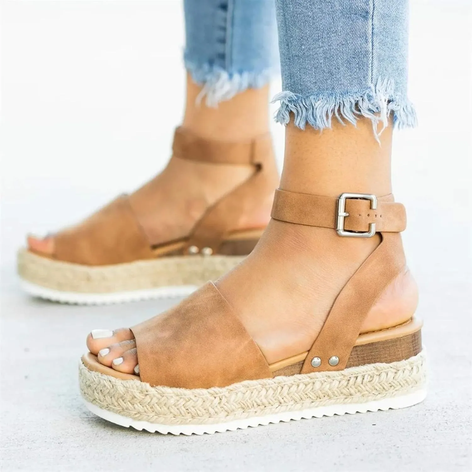 Eduavar Platform Sandals Women, Womens Sandals Elegant Buckle Ankle Strap Comfortable Espadrilles Platform Casual Sandals