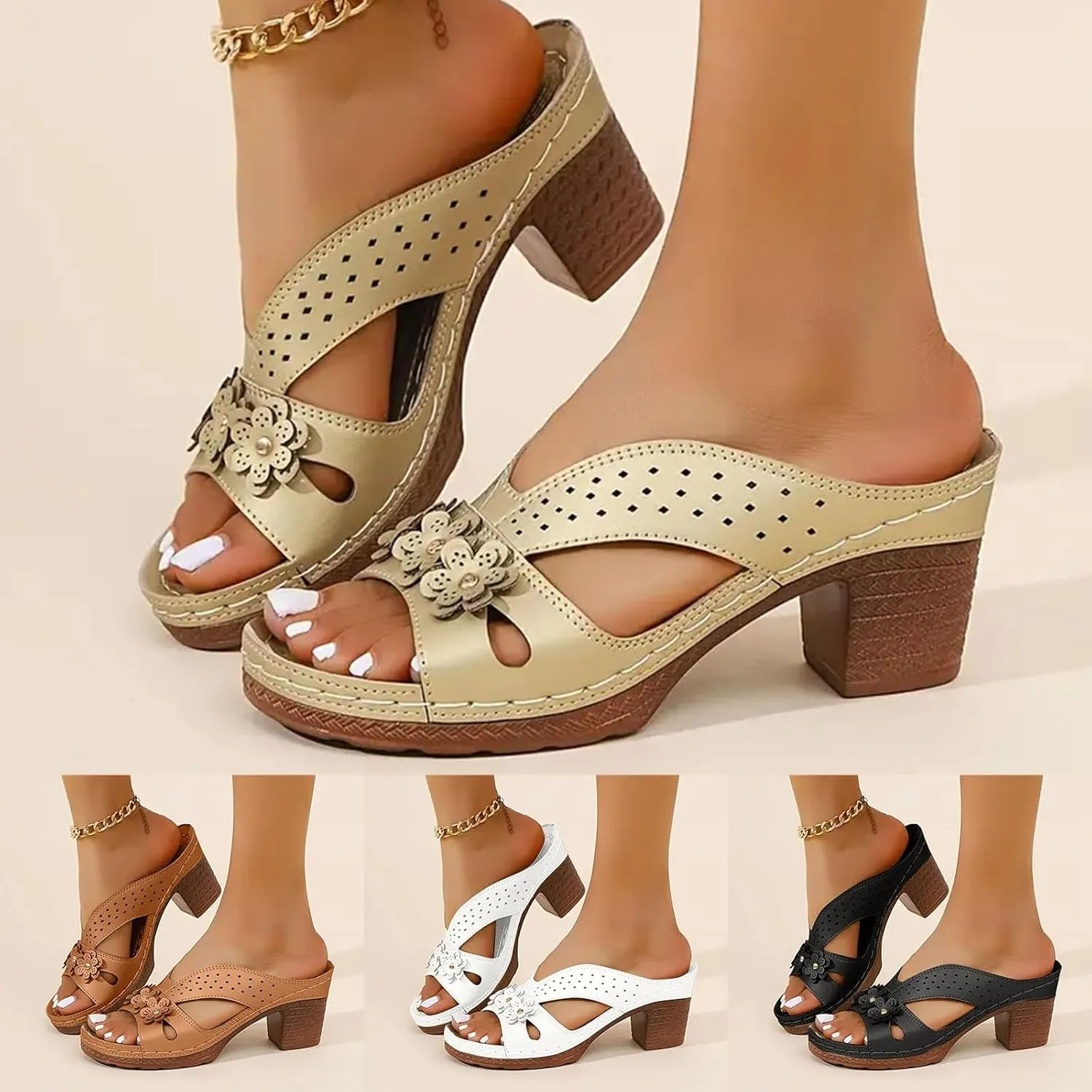 Eduavar Sandals for Women 2025 Slip On Comfortable Chunky High Heels Open Toe Block Square Heeled Sandals Dressy Shoes