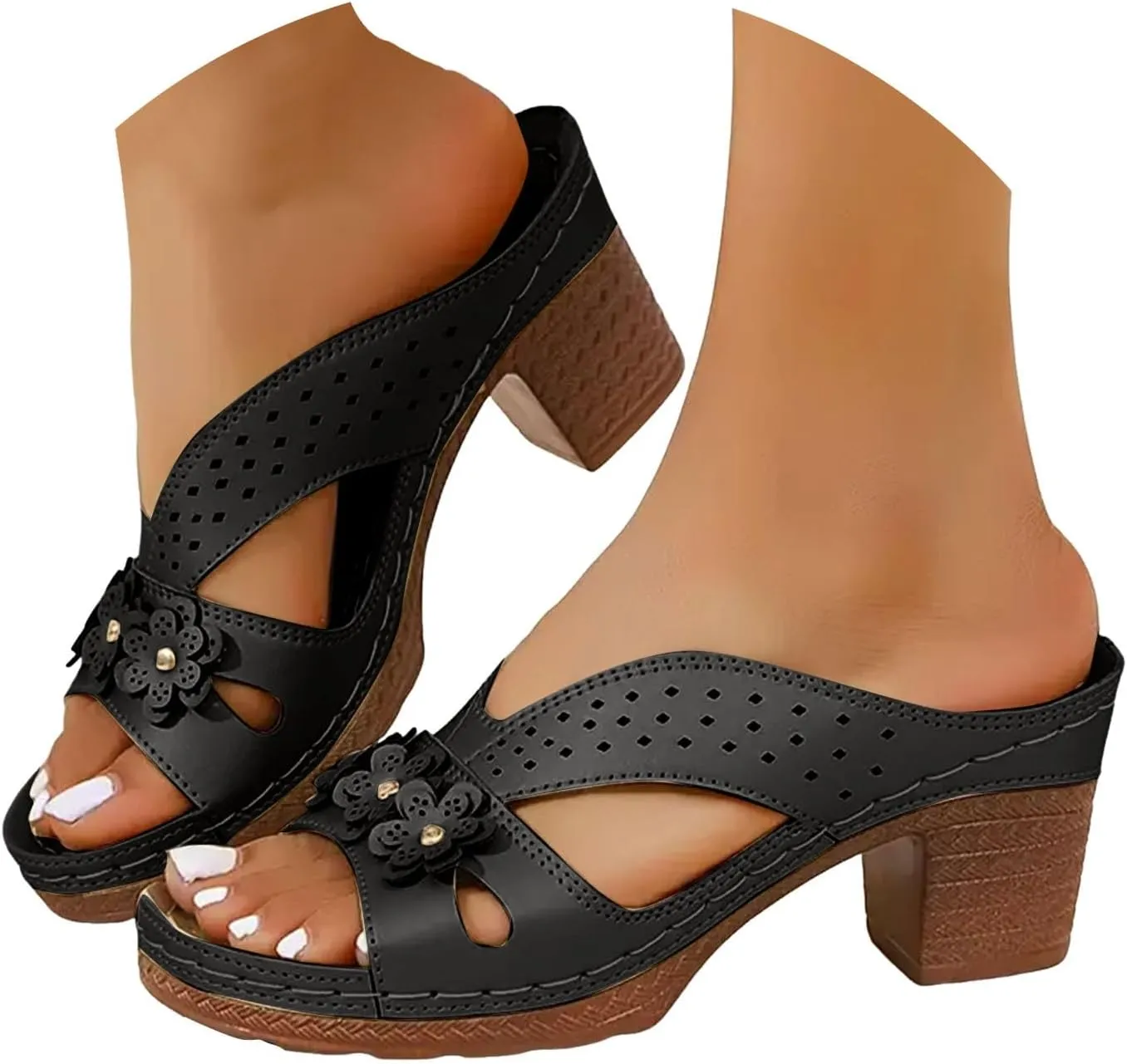 Eduavar Sandals for Women 2025 Slip On Comfortable Chunky High Heels Open Toe Block Square Heeled Sandals Dressy Shoes