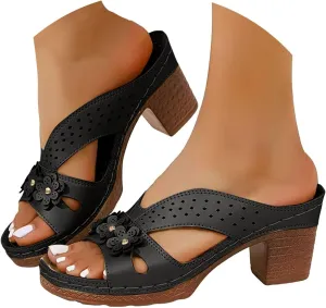 Eduavar Sandals for Women 2025 Slip On Comfortable Chunky High Heels Open Toe Block Square Heeled Sandals Dressy Shoes