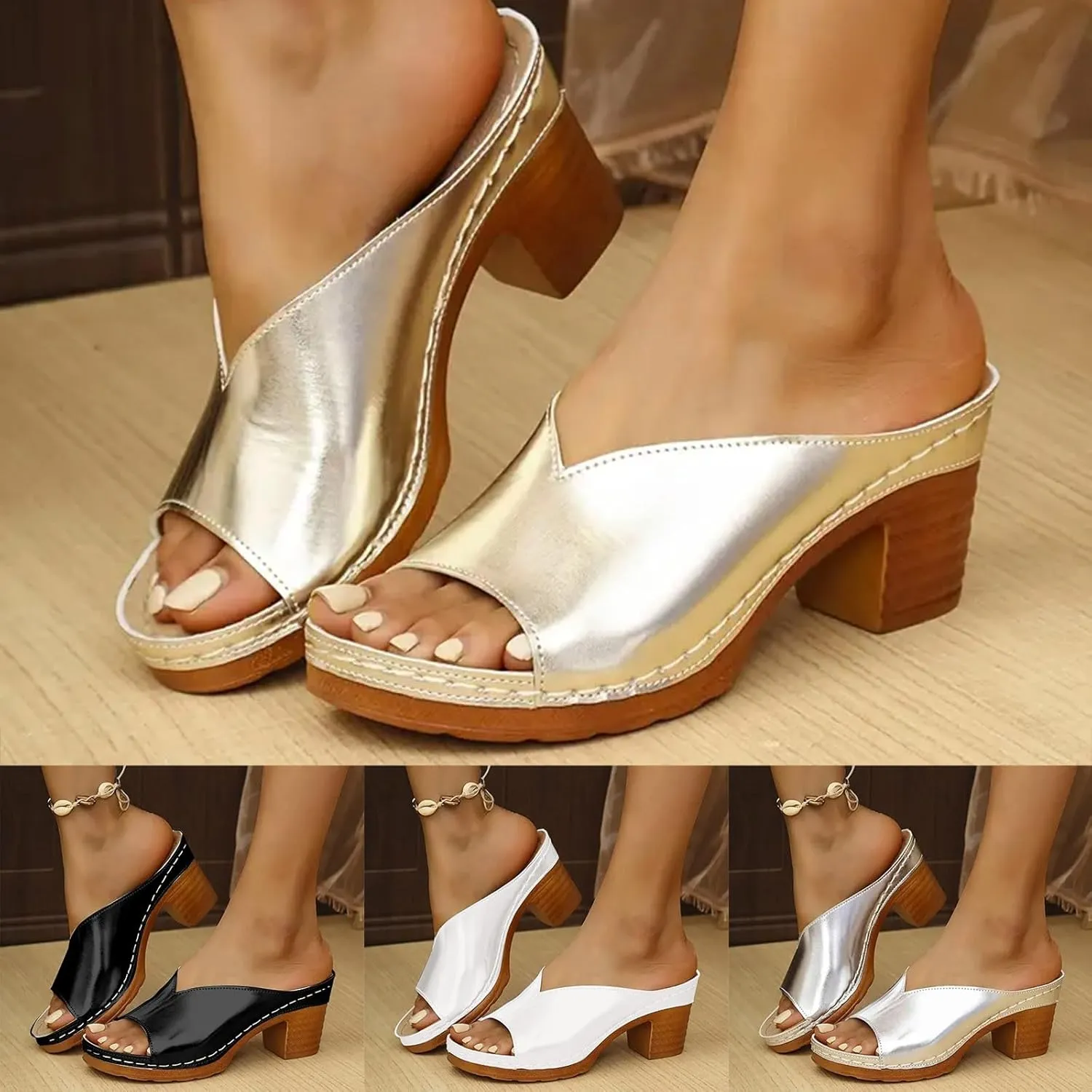 Eduavar Sandals for Women 2025 Summer Block Open Toe Low Heel Chunky Sandals Classic Casual Slip on Dressy Comfortable Shoes
