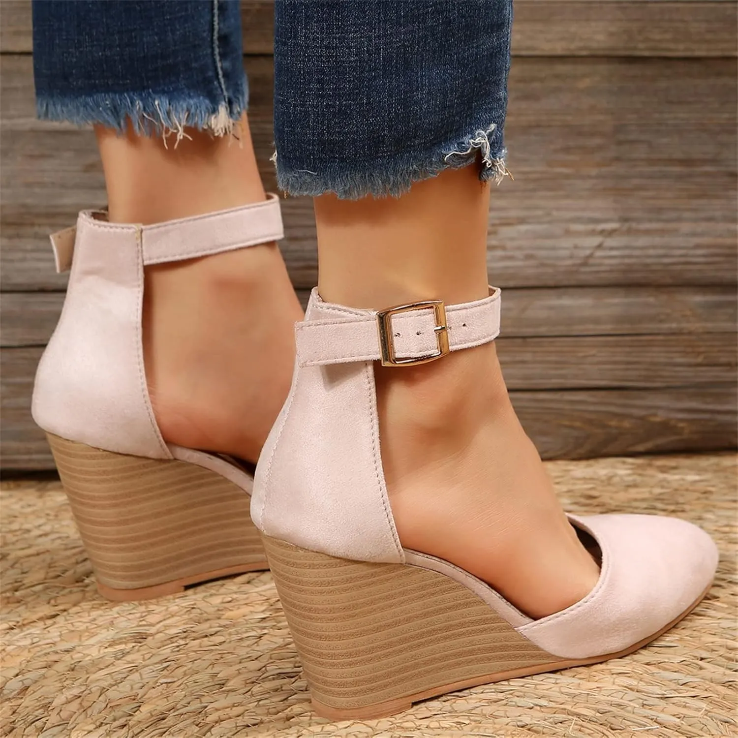 Eduavar Sandals for Women Dressy Summer, Wedge Sandals for Women Chunky Heel Sandals Open Toe Hollow Out Ankle Strap Sandals