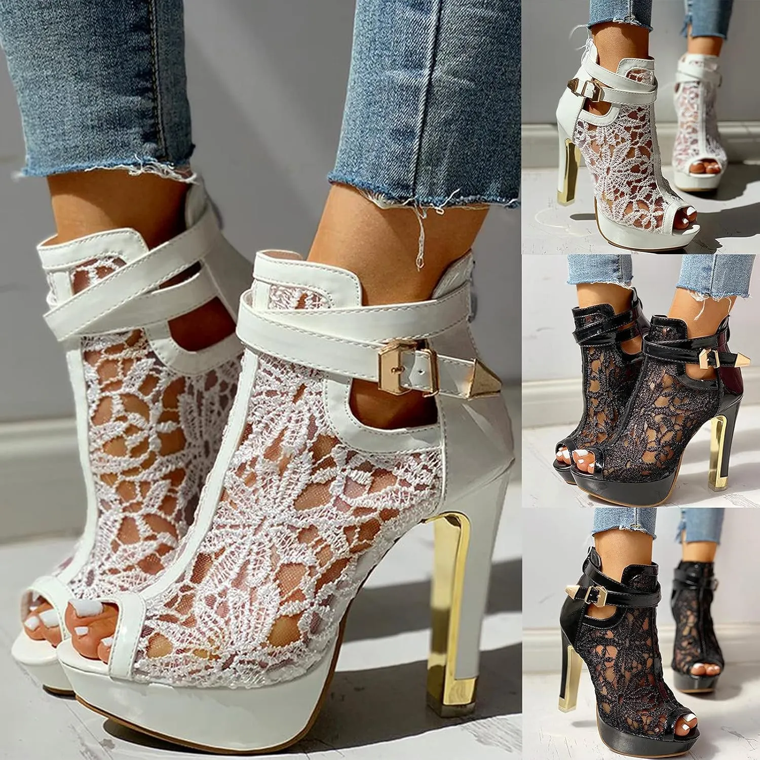 Eduavar Sandals for Women Dressy Summer, Wedge Sandals for Women Chunky Heel Sandals Open Toe Hollow Out Ankle Strap Sandals