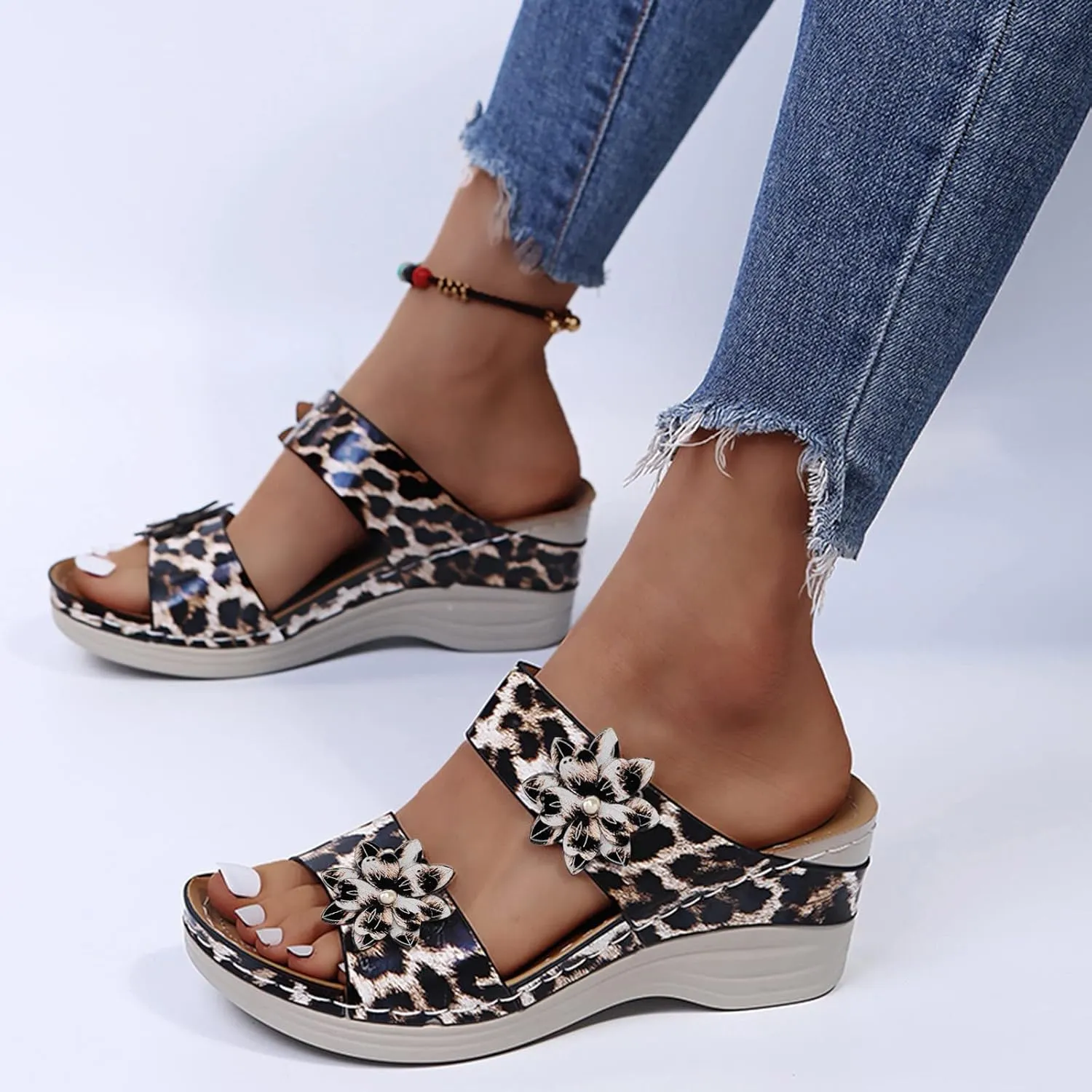 Eduavar Womens Sandals Dressy, Sandals Women Floral Leopard Print Sandals Peep Toe Wedge Sandals Comfy Slip On Shoes