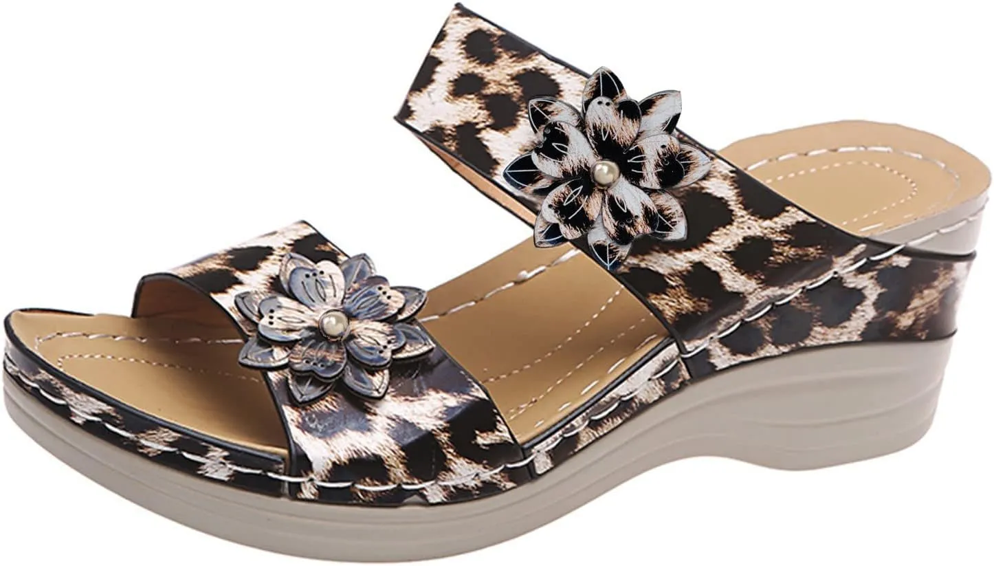 Eduavar Womens Sandals Dressy, Sandals Women Floral Leopard Print Sandals Peep Toe Wedge Sandals Comfy Slip On Shoes