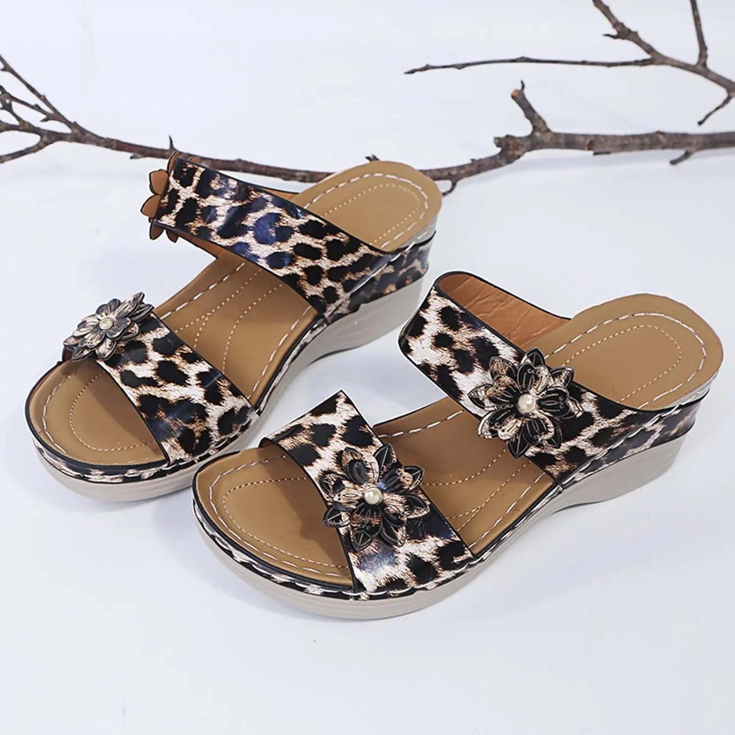 Eduavar Womens Sandals Dressy, Sandals Women Floral Leopard Print Sandals Peep Toe Wedge Sandals Comfy Slip On Shoes
