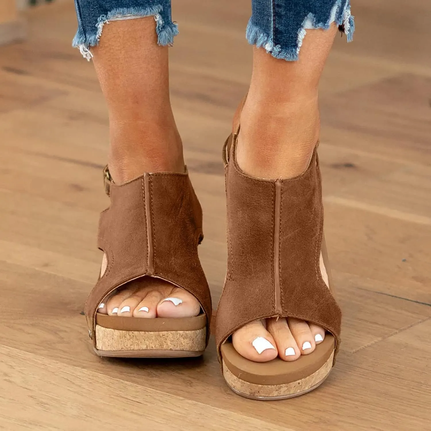 Eduavar Womens Sandals Dressy, Women Sandals Comfortable Peep Toe Sandals Slip On Wedge Platform Sandals Shoes