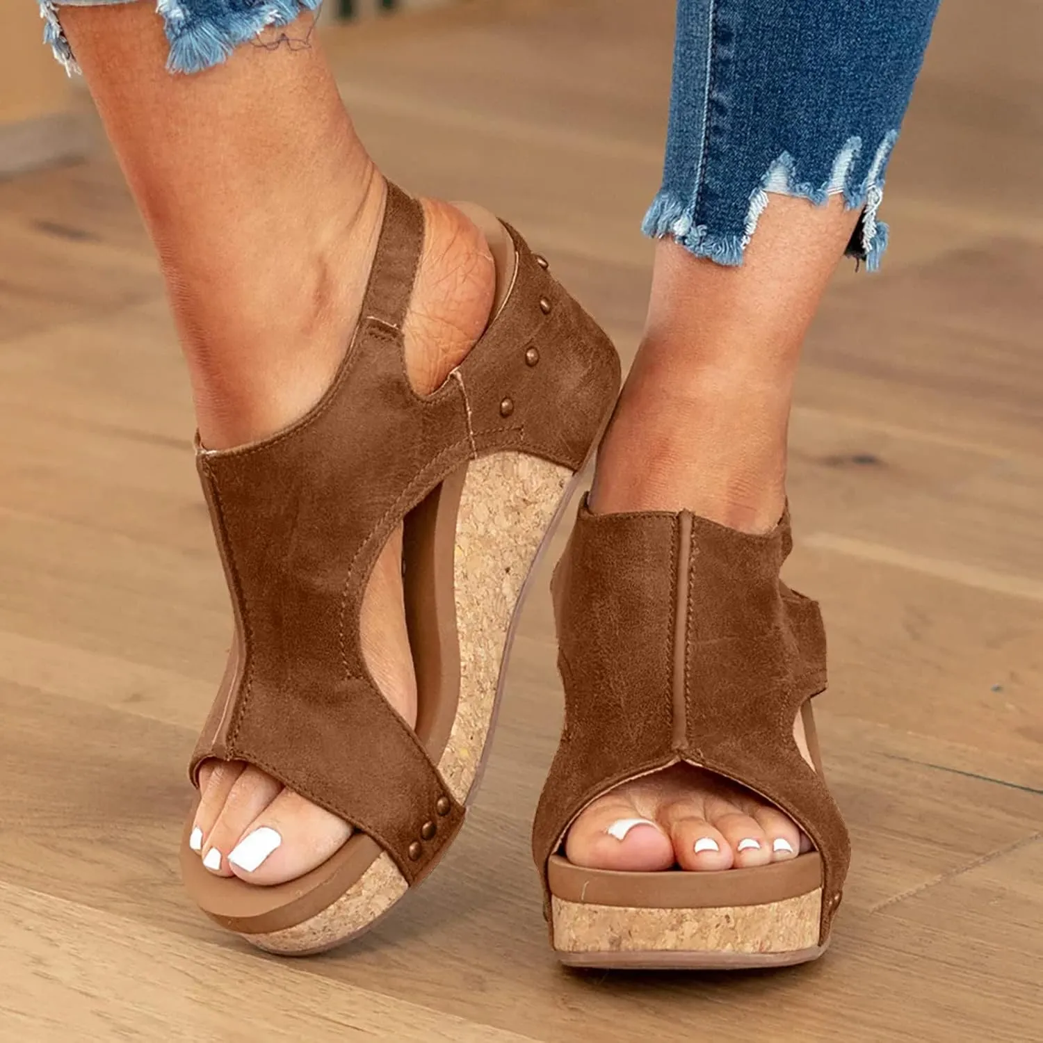Eduavar Womens Sandals Dressy, Women Sandals Comfortable Peep Toe Sandals Slip On Wedge Platform Sandals Shoes