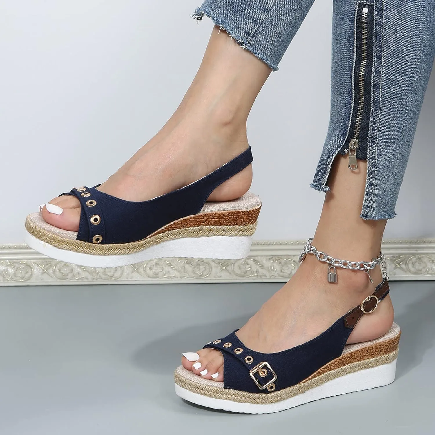 Eduavar Womens Wedge Sandals, Orthopedic Sandals for Women Peep Toe Platform Sandals Ankle Strap Comfy Sandals