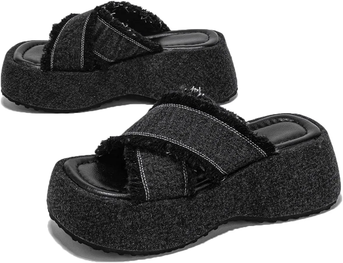 FAIRSOMA Women's Crissover Strap Tassel Canvas Platform Wedge Heel Sandals,Summer Comfortable Slip-On Bohemia Flatform Sandals Non-Slip Open Toe Outdoor Beach Slippers