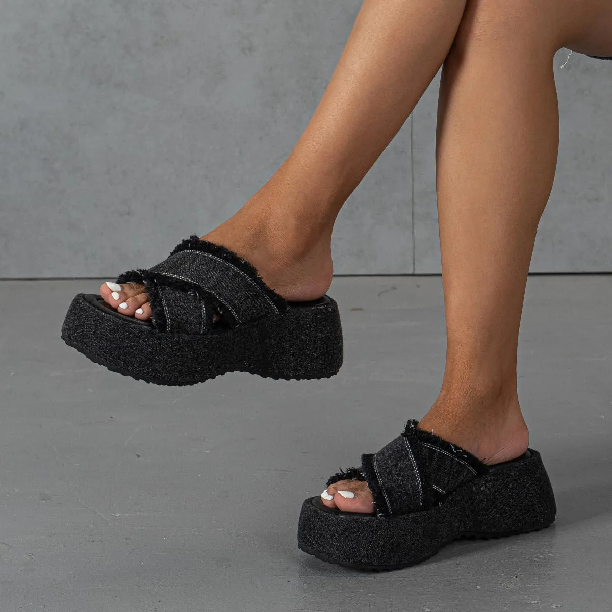 FAIRSOMA Women's Crissover Strap Tassel Canvas Platform Wedge Heel Sandals,Summer Comfortable Slip-On Bohemia Flatform Sandals Non-Slip Open Toe Outdoor Beach Slippers