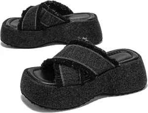 FAIRSOMA Women's Crissover Strap Tassel Canvas Platform Wedge Heel Sandals,Summer Comfortable Slip-On Bohemia Flatform Sandals Non-Slip Open Toe Outdoor Beach Slippers