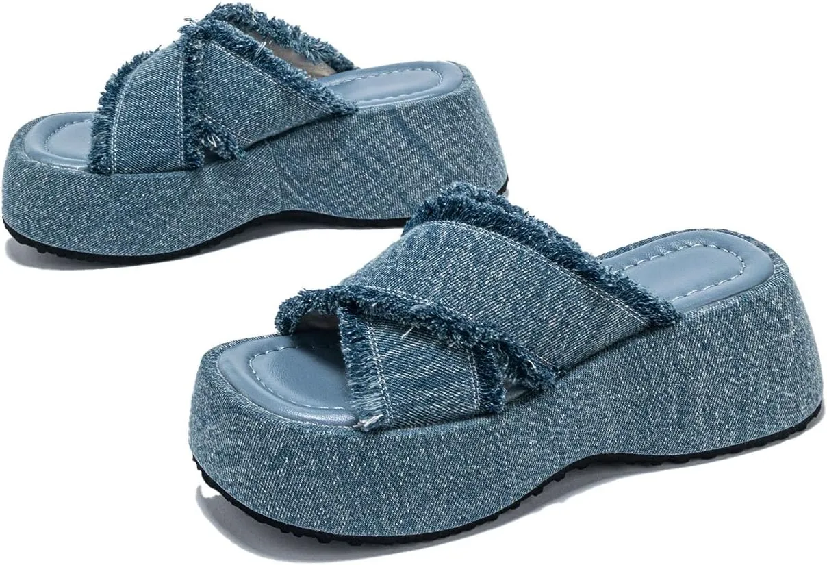 FAIRSOMA Women's Crissover Strap Tassel Canvas Platform Wedge Heel Sandals,Summer Comfortable Slip-On Bohemia Flatform Sandals Non-Slip Open Toe Outdoor Beach Slippers