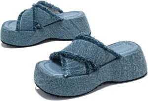 FAIRSOMA Women's Crissover Strap Tassel Canvas Platform Wedge Heel Sandals,Summer Comfortable Slip-On Bohemia Flatform Sandals Non-Slip Open Toe Outdoor Beach Slippers