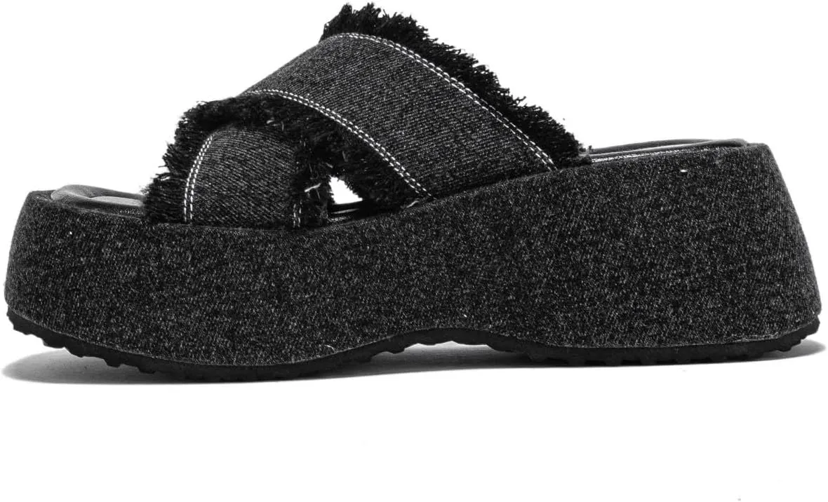 FAIRSOMA Women's Crissover Strap Tassel Canvas Platform Wedge Heel Sandals,Summer Comfortable Slip-On Bohemia Flatform Sandals Non-Slip Open Toe Outdoor Beach Slippers