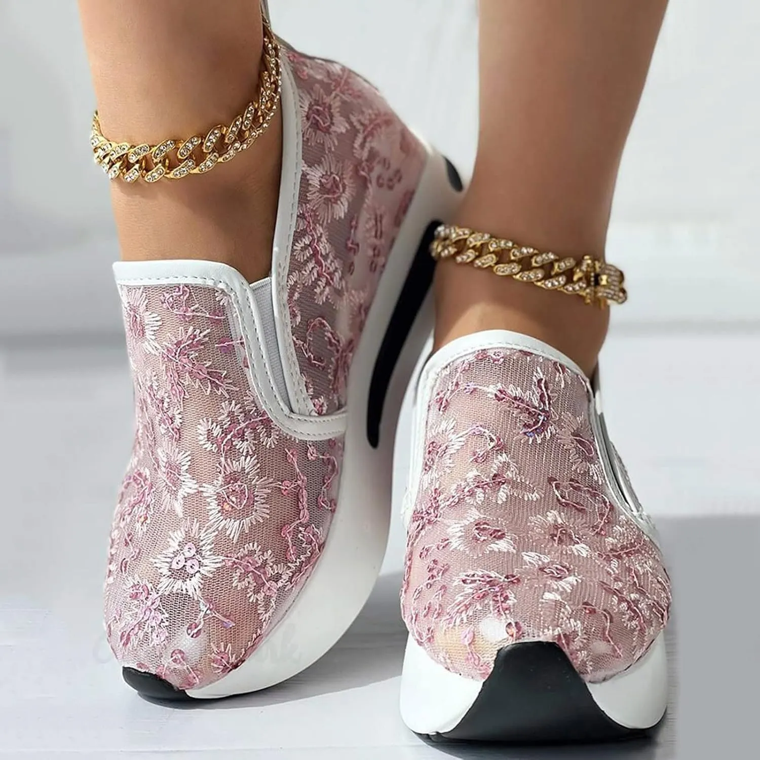 Fashion Platform Sneakers for Women Slip on Loafers Lace Embroidery Ladies Lightweight Arch Support Walking Sneakers Air Cushion Chunky Comfortable Work Shoes for Casual and Daily Wear
