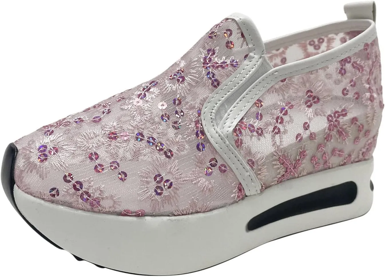 Fashion Platform Sneakers for Women Slip on Loafers Lace Embroidery Ladies Lightweight Arch Support Walking Sneakers Air Cushion Chunky Comfortable Work Shoes for Casual and Daily Wear