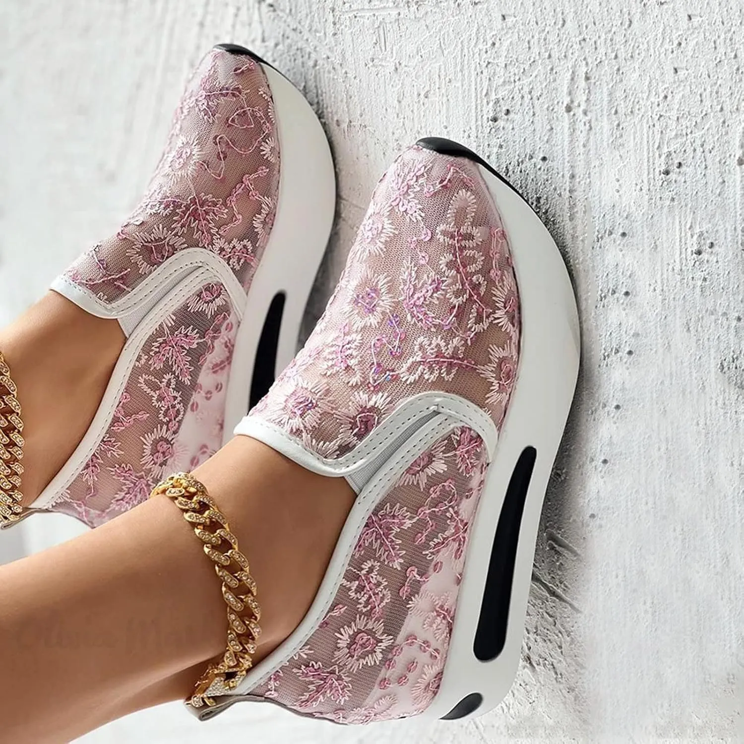 Fashion Platform Sneakers for Women Slip on Loafers Lace Embroidery Ladies Lightweight Arch Support Walking Sneakers Air Cushion Chunky Comfortable Work Shoes for Casual and Daily Wear