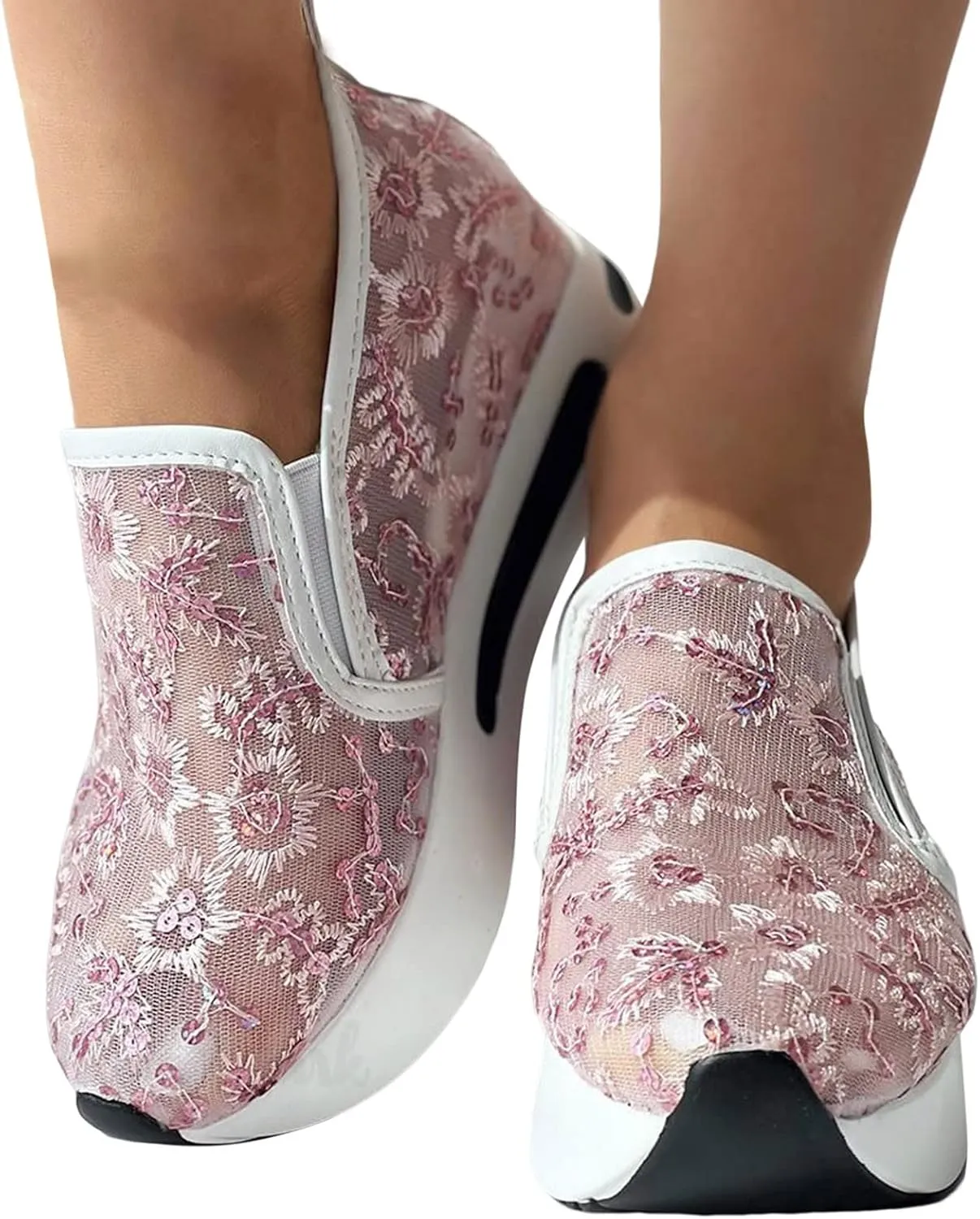 Fashion Platform Sneakers for Women Slip on Loafers Lace Embroidery Ladies Lightweight Arch Support Walking Sneakers Air Cushion Chunky Comfortable Work Shoes for Casual and Daily Wear