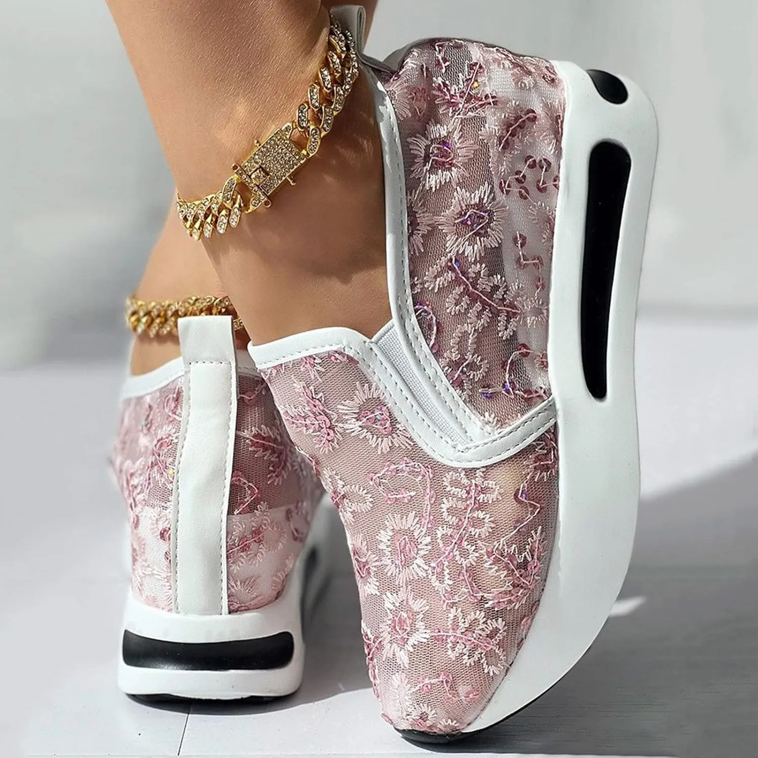 Fashion Platform Sneakers for Women Slip on Loafers Lace Embroidery Ladies Lightweight Arch Support Walking Sneakers Air Cushion Chunky Comfortable Work Shoes for Casual and Daily Wear