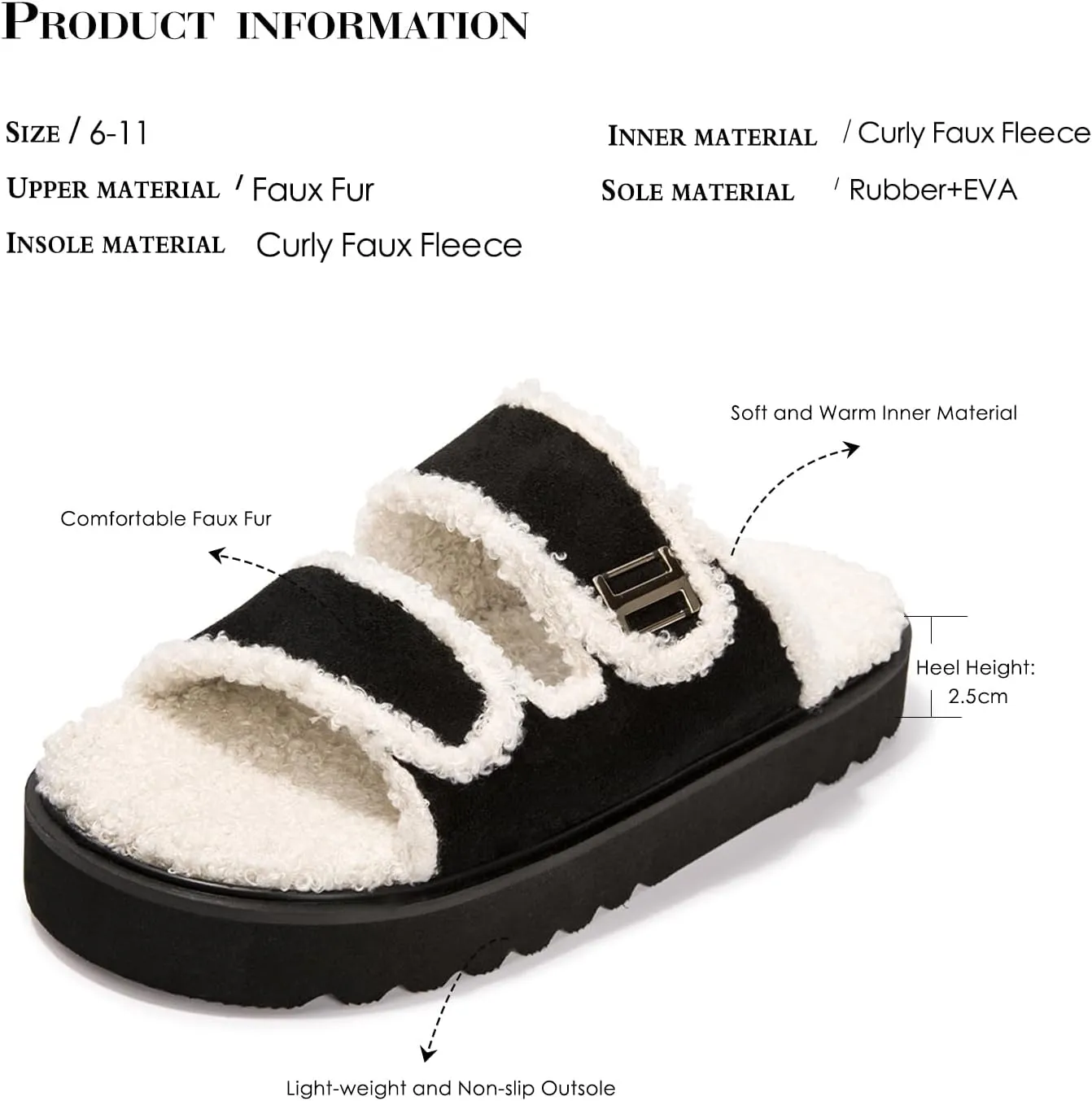 FUNKYMONKEY Fur Slides for Women Comfort Round Open Toe Double-strap with Cozy Lining, Faux Fur EVA Rubber Sole Slide Sandals