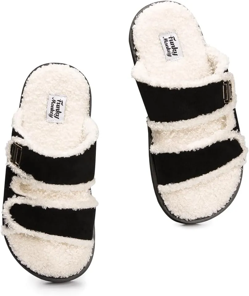 FUNKYMONKEY Fur Slides for Women Comfort Round Open Toe Double-strap with Cozy Lining, Faux Fur EVA Rubber Sole Slide Sandals