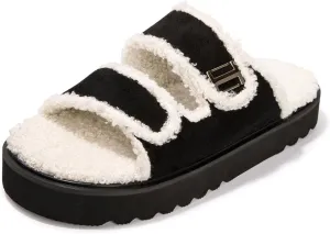 FUNKYMONKEY Fur Slides for Women Comfort Round Open Toe Double-strap with Cozy Lining, Faux Fur EVA Rubber Sole Slide Sandals
