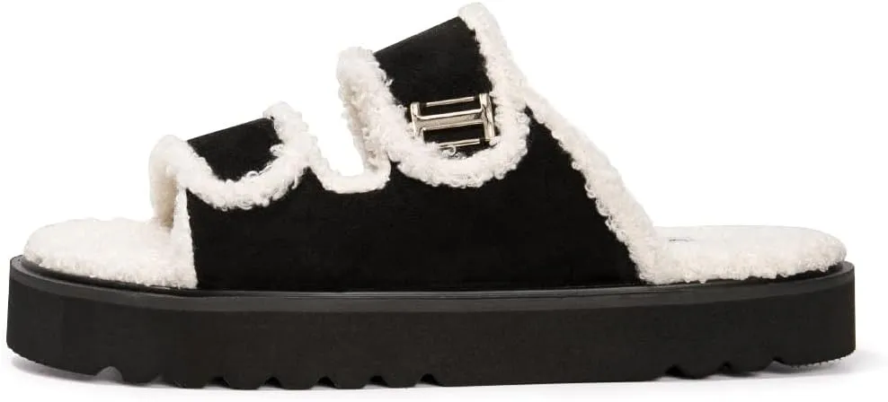 FUNKYMONKEY Fur Slides for Women Comfort Round Open Toe Double-strap with Cozy Lining, Faux Fur EVA Rubber Sole Slide Sandals