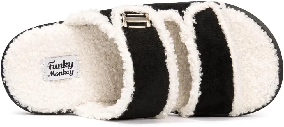 FUNKYMONKEY Fur Slides for Women Comfort Round Open Toe Double-strap with Cozy Lining, Faux Fur EVA Rubber Sole Slide Sandals