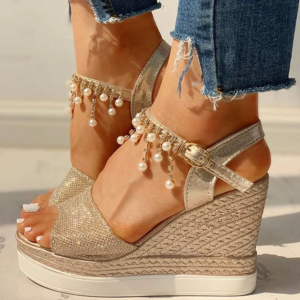 HINDOLA Women's Espadrille Wedge Platform Sandals Summer Dressy with Pearl Open Toe Beach Shoes Ankle Strap Buckle High Heels Sandals
