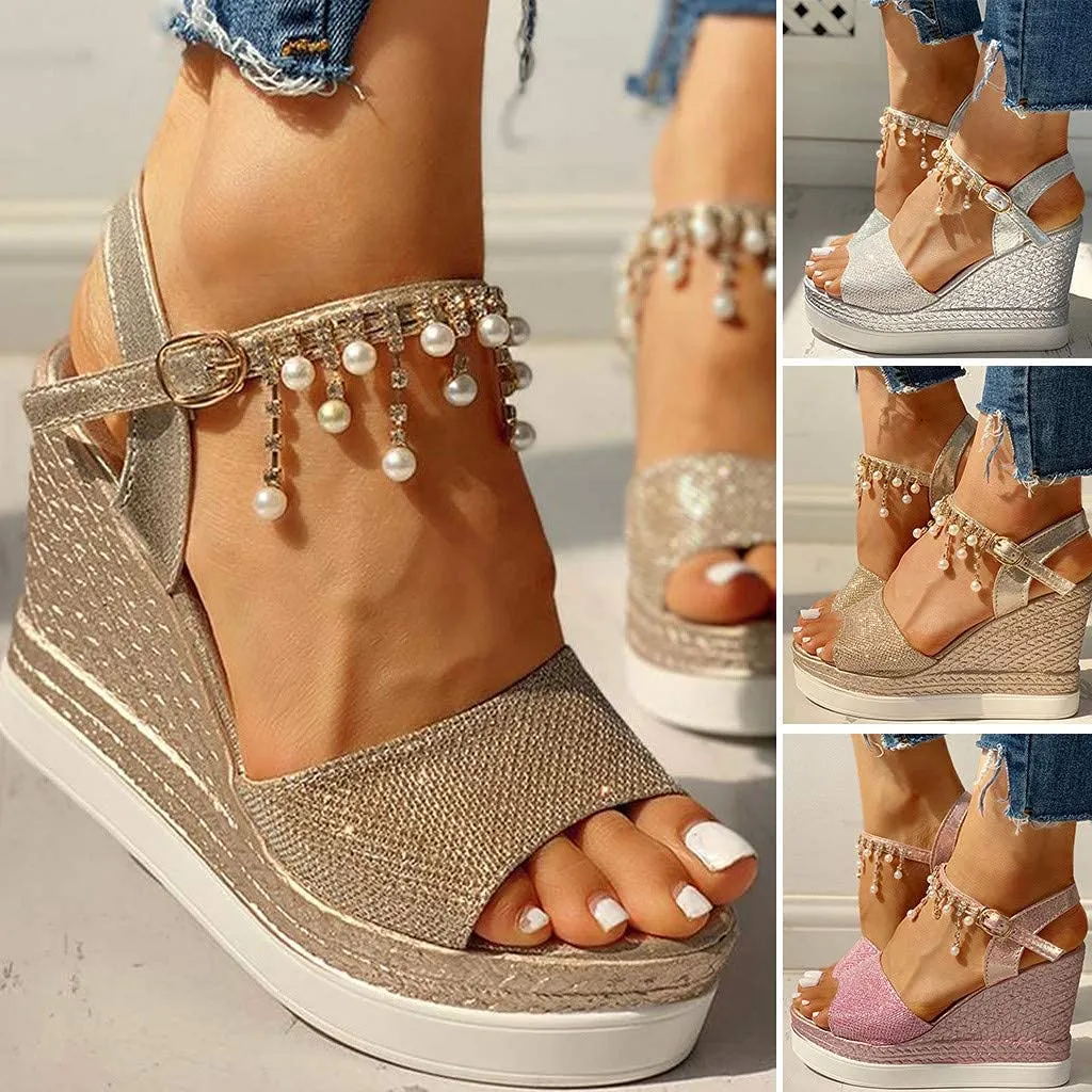 HINDOLA Women's Espadrille Wedge Platform Sandals Summer Dressy with Pearl Open Toe Beach Shoes Ankle Strap Buckle High Heels Sandals